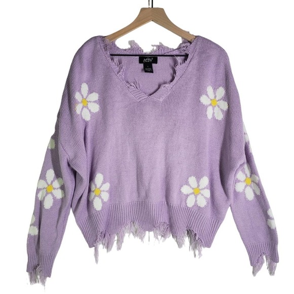 Just Polly Distressed Flower Sweater‎ L Purple Lavender V-Neck Daisy - Picture 1 of 7